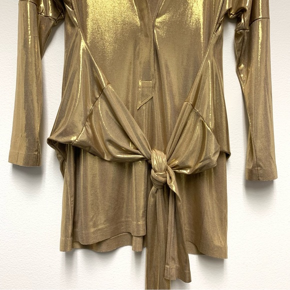Norma Kamali TY Tie Front NK Shirt Mini Dress Size Small Gold Metallic NWOT $185 - Picture 6 of 14